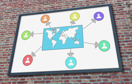 Global connection concept drawn on a billboard fixed on a brick wall