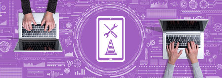 Top view of hands using laptop with symbol of system maintenance concept
