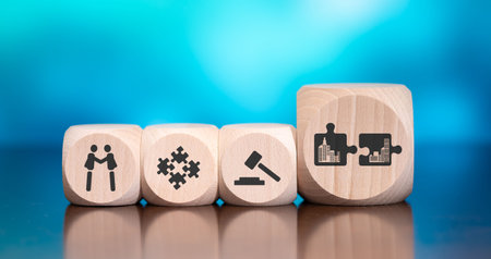 Wooden blocks with symbol of m&a concept on blue background