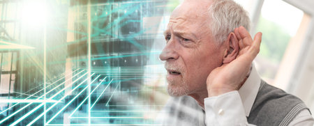 Portrait of senior man having hearing problems; multiple exposure
