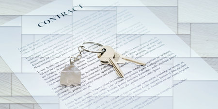 House keys on a signed contract, geometric patternの写真素材