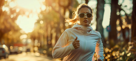 A focused young woman in a white running jacket and sunglasses jogs through a city park bathed in golden morning lightの素材