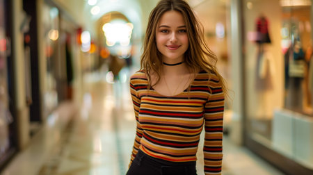 Beautiful young woman smiling brightly in a shopping mallの素材