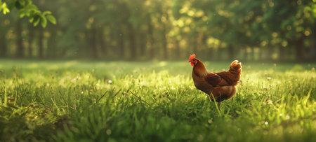 A brown chicken enjoying the outdoors in a sunny, green meadowの素材