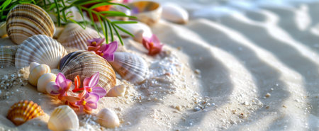 Beautiful seashells and tropical flowers on a sandy beach in sunlightの素材
