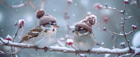 Two sparrows in hats sitting on a snowy branch with berries in winterの素材