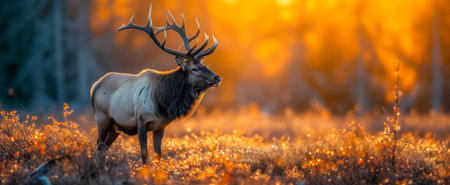 Majestic elk standing in a golden autumn landscape during sunset, surrounded by vibrant foliage and peaceful natureの素材