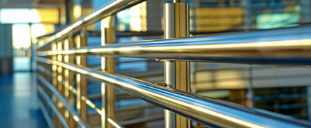 Detailed view of a shining metal railing with blurred architectural background in a contemporary office settingの素材