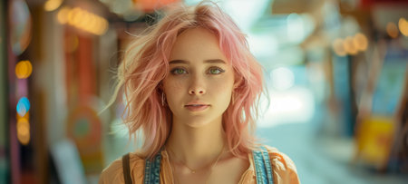 Beautiful young woman with pink hair standing in a colorful city streetの素材