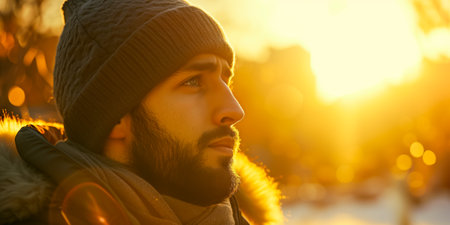 Thoughtful man in a beanie and winter coat gazing into the distance during a vibrant sunsetの素材