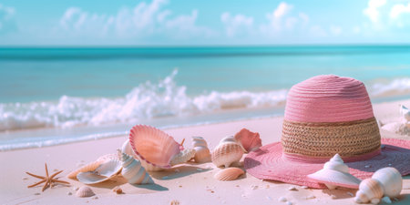Pink beach hat and seashells arranged on sandy shore with turquoise seaの素材