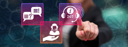 Woman touching a customer service concept on a touch screen with her finger