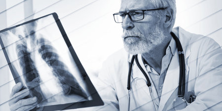 Doctor looking at x-ray report, geometric pattern