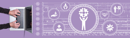 Top view of hands using laptop with symbol of business support concept