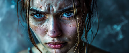 Close-up of a determined woman with blue eyes and wet face expressing strong emotionsの素材