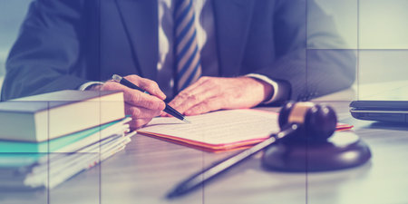 Lawyer working on legal document, geometric pattern
