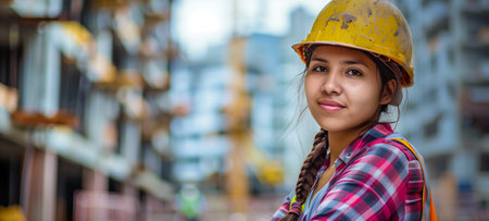 Young woman in a hard hat smiling at a construction siteの素材
