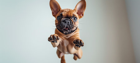 A charming French bulldog puppy captured in mid-leap, showing its playful nature and excitement with a wide-eyed, joyful expressionの素材