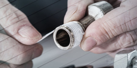 Plumber putting a teflon joint on a thread, closeup, geometric pattern