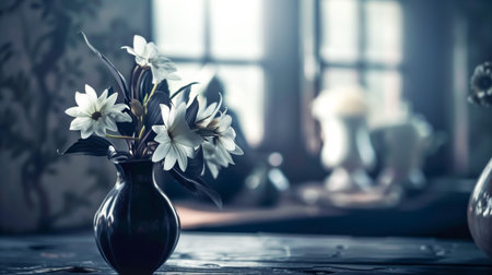 Elegant black vase with white flowers in a softly lit, serene interiorの素材