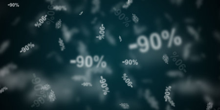 Flying -90% discount symbols over dark blue background