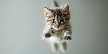 Cute kitten with wide eyes jumping towards the camera, displaying a curious expressionの素材