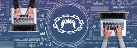 Top view of hands using laptop with symbol of video game addiction concept