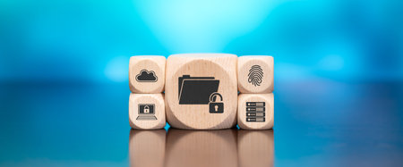 Wooden blocks with symbol of data protection concept on blue background