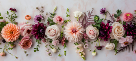 Assorted fresh flowers in pink, purple, and white beautifully arranged on a white surfaceの素材