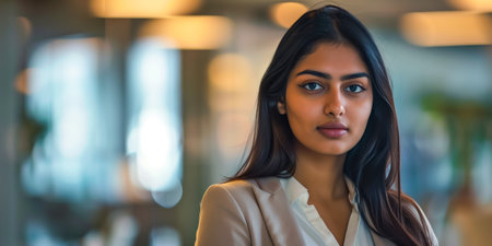 Portrait of a confident businesswoman with long hair, standing in a blurred office backgroundの素材