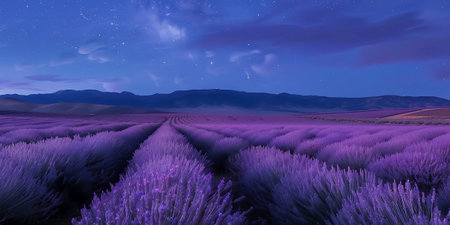 Beautiful lavender field at dusk with starry night sky and mountainsの素材