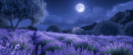 A tranquil lavender field illuminated by the full moon and surrounded by a starry night skyの素材