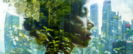 Double exposure image of a woman's profile combined with urban buildings and greenery, symbolizing harmony between nature and cityの素材