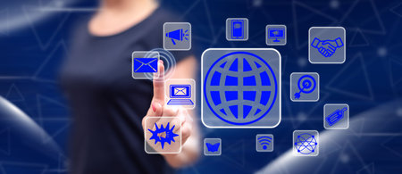 Woman touching a global marketing concept on a touch screen with her finger