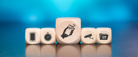 Wooden blocks with symbol of 5g concept on blue background