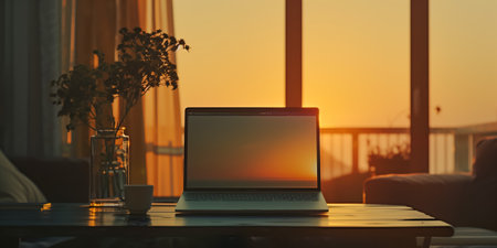 Laptop on a table near a window with a beautiful sunset view, accompanied by a vase and cupの素材