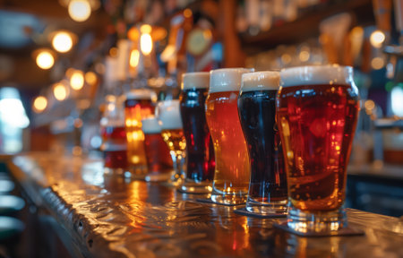 Different types of craft beers lined up on a bar counter in a cozy pubの素材