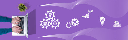Top view of hands using laptop with symbol of esg concept