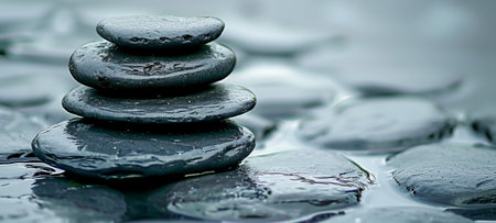 Close-up of smooth, wet black stones stacked in a zen-like arrangementの素材