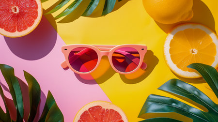 Pink sunglasses with sliced citrus fruits and green leaves on colorful backgroundの素材
