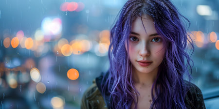 Young woman with purple hair standing in the rain, city lights in the backgroundの素材
