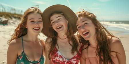 Three young women enjoying a sunny day at the beach, smiling happilyの素材