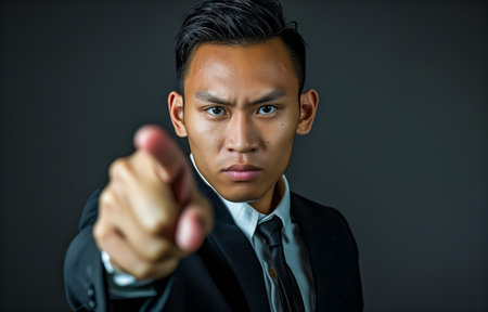 Asian businessman in suit pointing at camera with serious expression and dark backgroundの素材