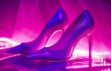 Pair of elegant high-heeled shoes displayed with vibrant pink and purple lightingの素材