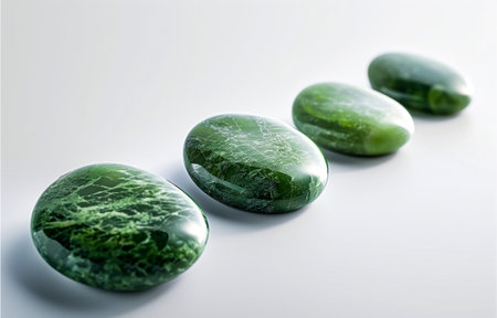 Four polished green stones arranged in a row on a white surfaceの素材
