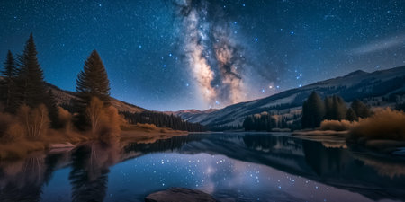 Breathtaking view of the milky way reflected in a calm mountain lake surrounded by treesの素材