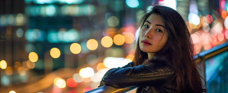 Young woman in a leather jacket standing against a background of blurred city lights at nightの素材