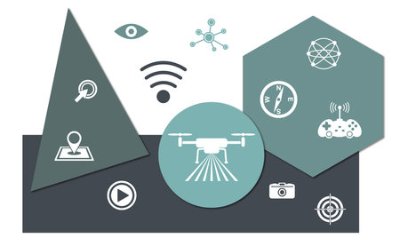 Concept of drone with icons on geometric shapes background