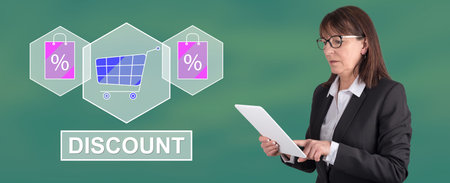 Woman using digital tablet with discount concept on background