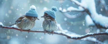 Adorable birds with blue winter hats sitting on a snow-covered branch during snowfallの素材